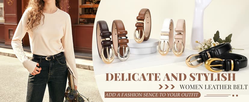 TRIWORKS 2 Pack Women Leather Belt for Jeans Pants Fashion Ladies Skinny Faux Leather Belt with Gold Buckle