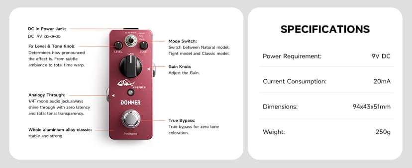 Donner Distortion Guitar Pedal, Morpher Mini Distortion 3 Modes Natural, Tight, Classic Crunch 80s Metal for Electric Guitar True Bypass