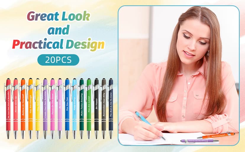LUAVIARU 40 Piece Inspirational Pens Kit with Stylus Tip & Sayings – 20 Motivational Pen + 20 Individual Bags – Uplifting Quote & Positive Ideas – For Teachers, Office, School, Meetings, Team Events B0D66JJWSX