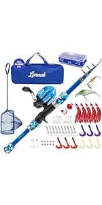 Lanaak Kids Fishing Pole, Kids Portable Telescopic Fishing Rod Set, Tackle Box and Fishing Net Combo Kit, Kids Fishing Gear for Boys and Girls Age 5-10 and Youth