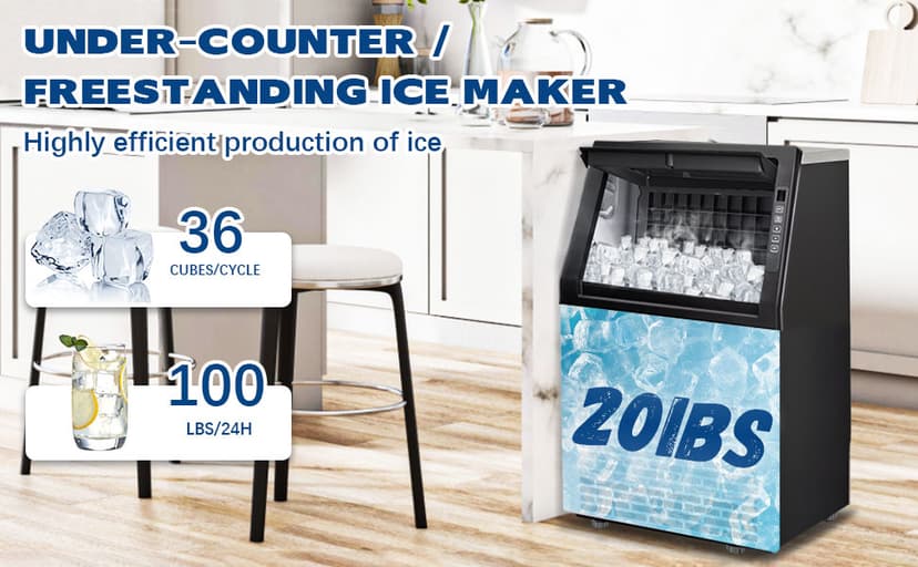 Commercial Ice Maker, 100lbs/24H with 20Lbs Storage, 36 Cubes in 11Mins, Stainless Steel Freestanding & Under Counter Large Ice Machine with LCD Display, Self-Cleaning for Home Bar Restaurant