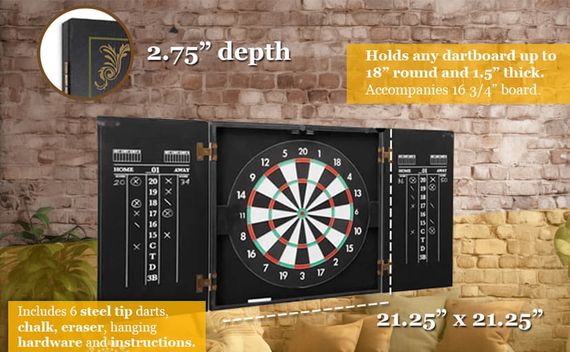 Personalized Dart Board Cabinet Set with 6 Steel Tip Darts, Paper Dartboard, Chalk & Eraser (21.5 x 21.5 x 2.75) - Man Cave Dart Boards for Adults