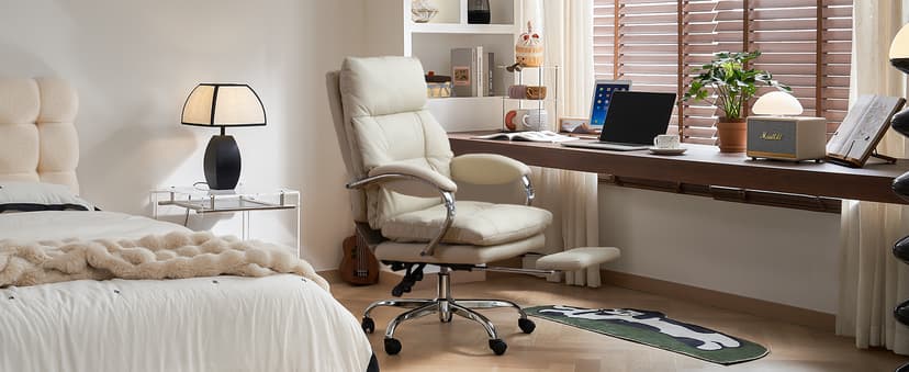 LEAGOO Office Chair with Foot Rest, Ergonomic Executive Office Chair with Arms, Reclining High Back PU Leather Comfy Swivel Computer Desk Chairs with Wheels and Lumbar Support for Home Office, Cream
