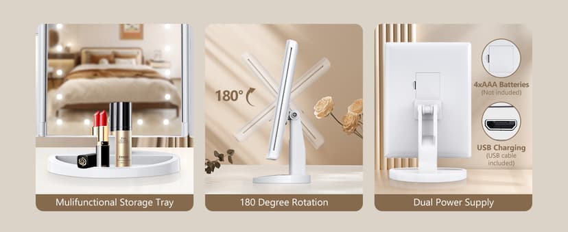 HUONUL Makeup Mirror Vanity Mirror with Lights, 2X, 3X, 10X Magnification, Touch Control, Trifold, White, 9.4" L x 13.4" W, Modern Style, Dresser Mount, Bathroom
