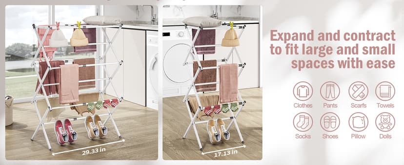 APEXCHASER Clothes Drying Rack Folding - 3 Tier Laundry Drying Rack for Clothes, Expandable Metal Clothing Dryer, Collapsible Towel Rack, Air Drying Rack, White