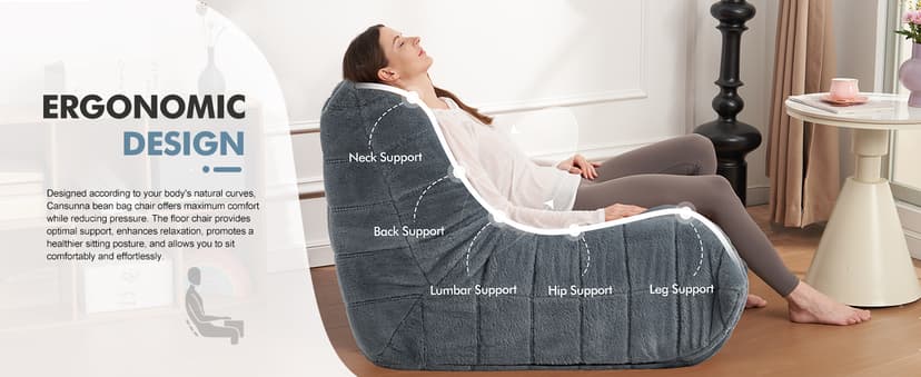 Bean Bag Chair Big Sofa Beanbag Chair for Adults Fireside Chair Bean Bag Lounger with Memory Foam Filled for Home,Apartment or Gaming Venue(Grey Plush Single)