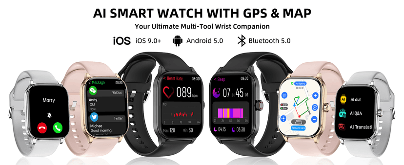 Smart Watch with Built-in GPS and Offline Maps, 1.96" HD Display, Answer/Make Calls, 100+ Sport Modes, Heart Rate/Sleep/SpO2 Monitor, Fitness Activity Tracker for Android and iPhone, 2 Bands, Black