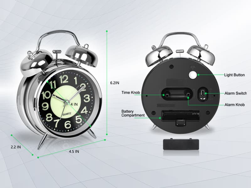 AYRELY® Super Loud Alarm Clock for Heavy Sleepers Adults,Twin Bell Retro 4 Inch Silent Non-Ticking Quartz with Backlight, Luminous dial, Alarm Clocks for Bedrooms Bedside (Silver)