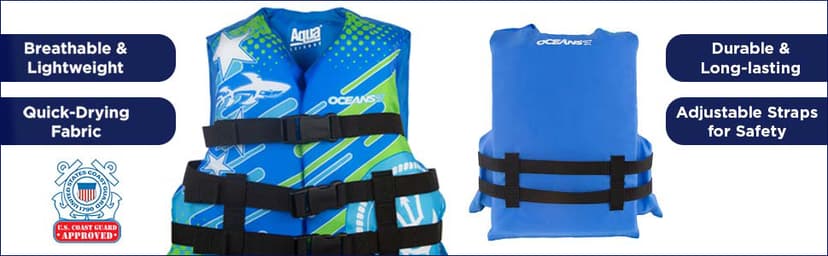 Aqua Oceans 7 Life Jacket for Kids - US Coast Guard Approved Life Vest for Infant, Child & Youth Boys and Girls, Open-Side PFD for Boating, Swimming & Water Sports