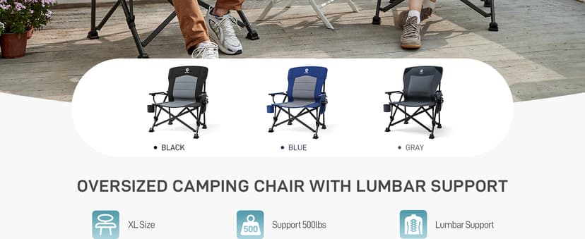 EVER ADVANCED Oversized Folding Camping Chair for Adults with Adjustable Lumbar Support, Heavy Duty Chair with Side Pockets, Portable Collapsible Quad Chair for Outside