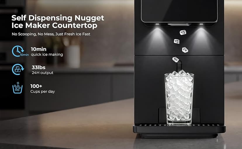 Antarctic Star Nugget Ice Maker Countertop, 33 Lbs/24H, Automatic Ice Dispenser, Self-Cleaning Portable Ice Machine, 1.8L Water Tank, Touch Screen & Auto Ice Drop, for Home/Office/Kitchen