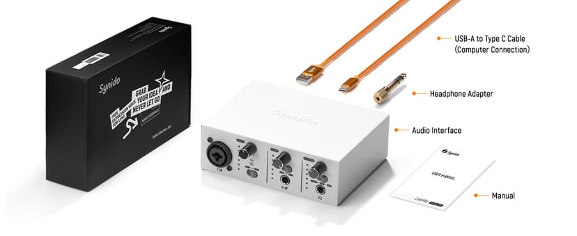 Synido USB C Audio Interface for Recording Music, Streaming, Podcasting with XLR, Line Input, 24bit/48kHz, 48V Phantom Power, 2-channel, Silver