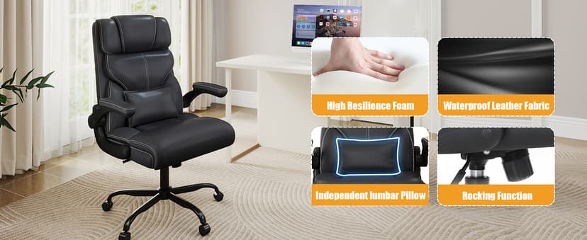 Executive Office Chair with Flip-up Armrests,Ergonomic Computer Desk Chairs,Mid-Tall Back Leather Office Chair 400 Lbs,Lumbar Support Swivel PC Chair with Rocking Function