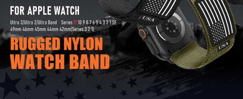 Rugged Nylon for Apple Watch Ultra 2/ Ultra 3 Band Series 11/10/9/8/7/6/5/4/3/SE iWatch Bands Men,Soft Woven Stars-Stripes Flag Wristbands Strap for Apple Watch Ultra 3/2/1 49mm 46mm 45mm 44mm 42mm