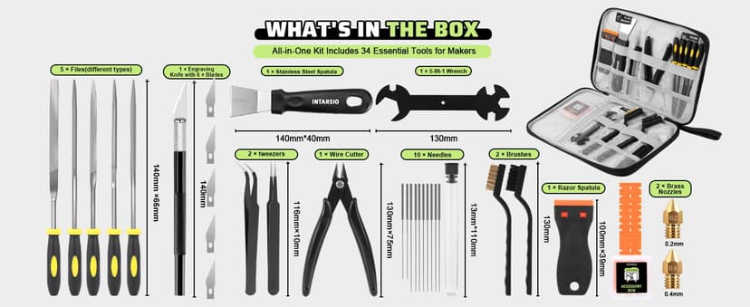3D Printer Tools Kit, 34pcs 3D Printer Accessories for All FDM/SLA Printers Includes Nozzle Cleaning, Removal Scrapers, Finishing Tools, 5 Types of Files,Brushes, Wire Cutter, Engraving Knife