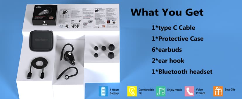 Kendir Bluetooth Headset, V5.0 Ultralight Wireless Headphone Cell Phone Earpiece with Mic Headsetcase,Volume Control, Handsfree Earbud,Compatible with Android/iPhone/Smartphones/Laptop