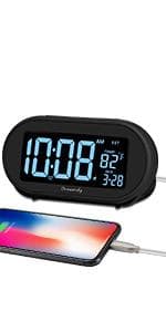 DreamSky Small Digital Alarm Clock for Bedroom, Large Big Numbers Display with Brightness Dimmer, Electric Bedside Desk Clock with USB Charging Port, Adjustable Alarm Volume, USB-C Adapter Powered