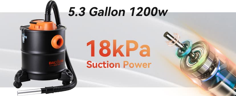 BACOENG Ash Vacuum for Pellet Stoves, Fireplace Ash Vac 5.2 Gallon 1200w with Double Stage Filtration System, Ash Vacuum Cleaner for Fireplaces, Wood Stove, Pellet Grill