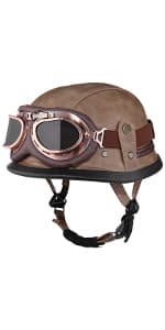 Yesmotor Motorcycle Half Helmet Retro German Handmade Leather Half Face Quick Release Buckle & Goggles - DOT Approved (Dark Brown, L)