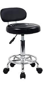 WKWKER Rolling Stool with Wheels Swivel Stool with Back Height Adjustable Chair PU Leather Rolling Chair Ideal for SPA Salon Home Office Drafting Work (Black)