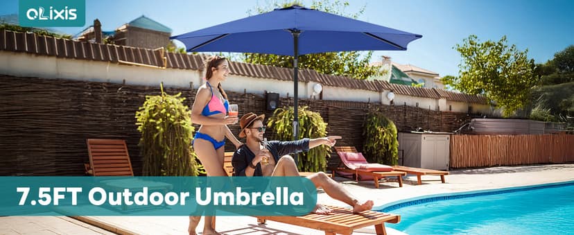 OLIXIS 7.5ft Patio Umbrella with Tilt and Crank Button & 8 Sturdy Ribs Waterproof, Patio Table Umbrella Perfect for Poolside, Terrace, Beach and Outdoor Restaurant, Blue