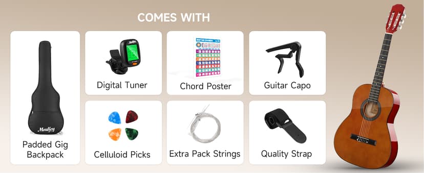 Moukey 36" Acoustic Guitar for Beginners Kids Youth 3/4 Size Dreadnought Travel Guitarra Acustica Kit with Chord Poster, Gig Bag, Tuner, Picks, Nylon Strings, Capo, Strap - Brown