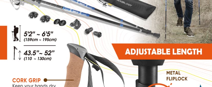 TREKOLOGY Trek-Z Cork Grip Trekking Poles – Lightweight Folding Hiking Poles, Adjustable Height, Compact Travel Design, Aircraft-Grade Aluminum Walking Sticks for Men & Women