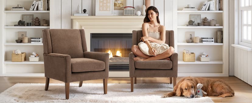 Living Room Chair, Wingback Mid-Century Accent Chair – Comfy Single Sofa with Solid Wood Legs & Velvet-Like Fabric, Oversized Armchair for Living Room/Bedroom/Reading Nook&Lounge