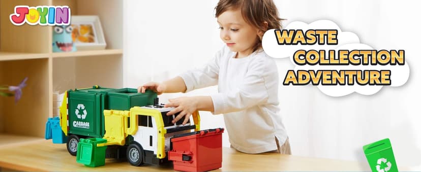 JOYIN Large Friction Powered Garbage Truck Toy Set, Includes 1 Dumpster, 3 Trash Bins, and 30 Learning Cards for Kids, Boy Toys Birthday Gift, Green B095XJDJ8V