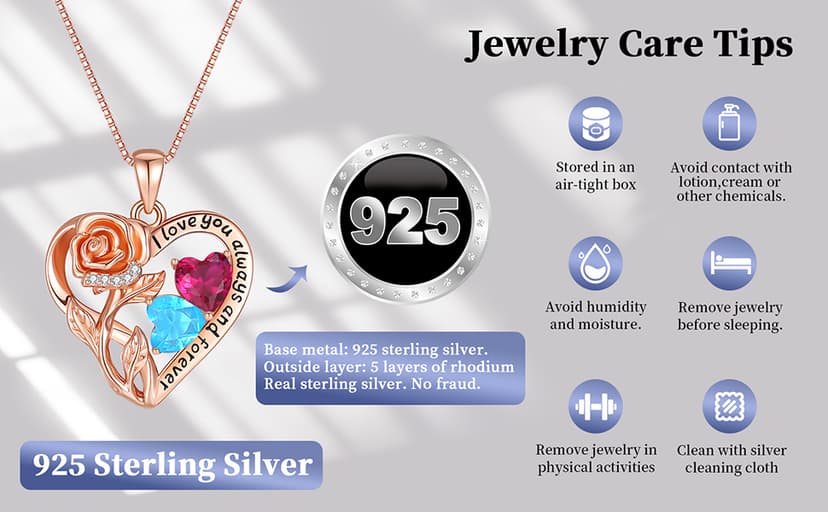 925 Sterling Silver Double Birthstone Rose Flower Heart Jewelry Necklaces for Women Anniversary Love Forever Necklaces for Her Birthday Gifts for Wife Girlfriend Mom Mothers Day Rose Gold