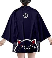 LAI MENG FIVE CATS Women's Floral Print Puff Sleeve Loose Blouse Japanese Kimono Cover up Casual Cute Tops