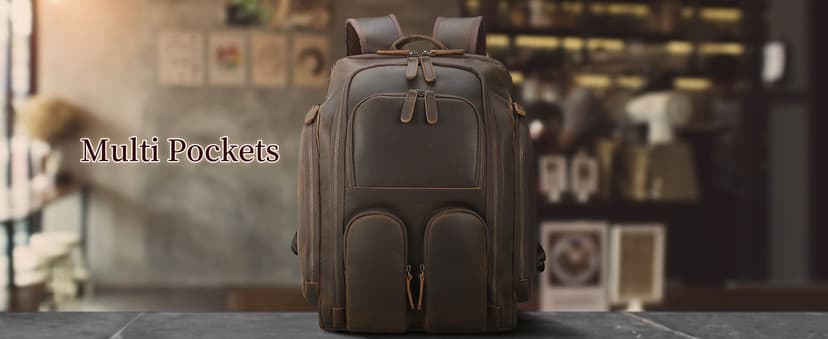 Masa Kawa Leather Backpack for Men with 16" Laptop & Camera Lens Sleeve, Multi Pockets Weekend Trip Business Travel Overnight Camping Bag, Vintage Brown
