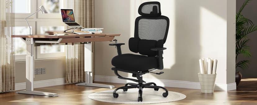 Ergonomic Office Chair with Footrest, Mesh Desk Chair with Adjustable Headrest & Armrests & Dynamic Floating Wing Lumbar Support, High Back Computer Chair for Home Office, BIFMA Certified, Black
