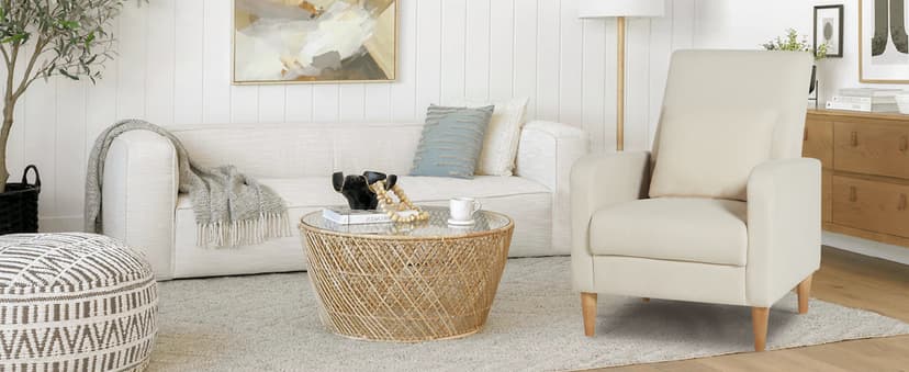 COLAMY Mid-Century Modern Upholstered Accent Chair with Back Pillow & Solid Wood Legs, Fabric Cozy Armchair for Living Room, Bedroom, Reading Nook, Apartment & Small Spaces, Beige