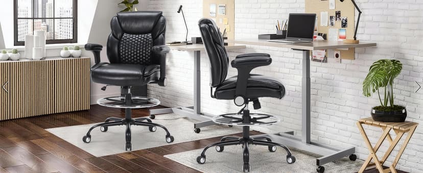 Drafting Chair, Tall Office Chair with Adjustable Armrests Mid-Back Standing Desk Chair with Footrest Ring, PU Leather High Executive Desk Chair Counter Height Office Chair for Home and Office, Black