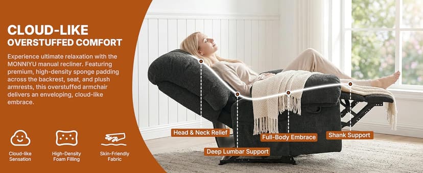 Comfy Recliner Chair for Elderly Seniors Adults, Overstuffed Manual Recliner, Ergonomic Back Pain Relief w/Pockets, Reading Apt Bedroom Living Room, Birthday Gift, Camel
