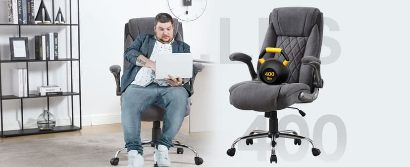 Big and Tall Fabric Office Chair 400lbs High Back Executive Computer Desk Chair with Flip Up Armrest, Breathable Fabric Adjustable Height Ergonomic Home Office Heavy Duty