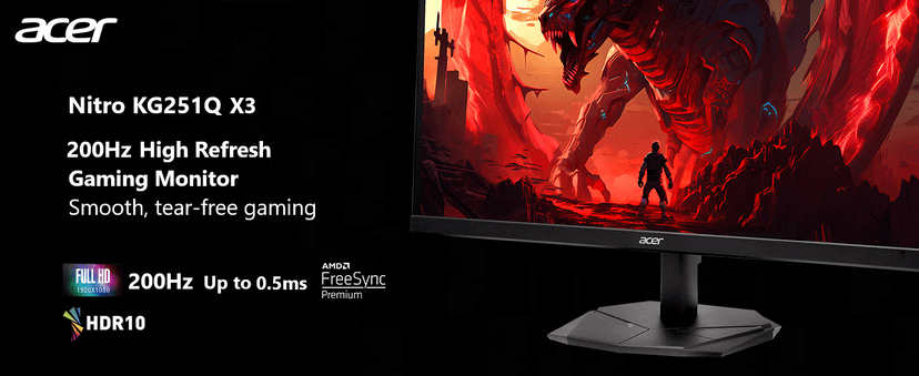 Acer Nitro 24.5” Gaming Monitor | Full HD 1920 x 1080 | IPS | ZeroFrame | AMD FreeSync Premium | 200Hz Refresh Rate | Up to 0.5ms | sRGB 99% | 1 x Display Port 1.2 and 2 x HDMI 2.0 | KG251Q X3biip