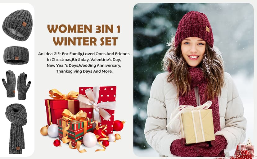 Women Beanie Scarf Gloves Headband Set, Chenille Winter Hats Fleece Lined Ear Warmer Knit Scarf Touchscreen Gloves 4 Gift Set