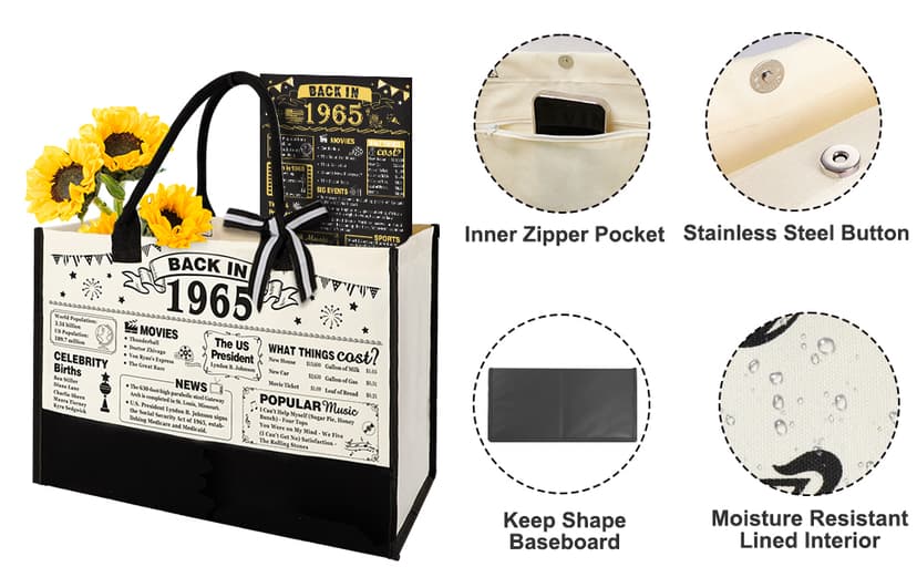 60th Birthday Gifts for Women Canvas Tote Bag Travel Gear, Unique 60 Years Old Gifts for Her Wife Sister Mom Aunt Friends, Vintage N60 Handbag & Cosmetic Bag & Back in 1965 Poster