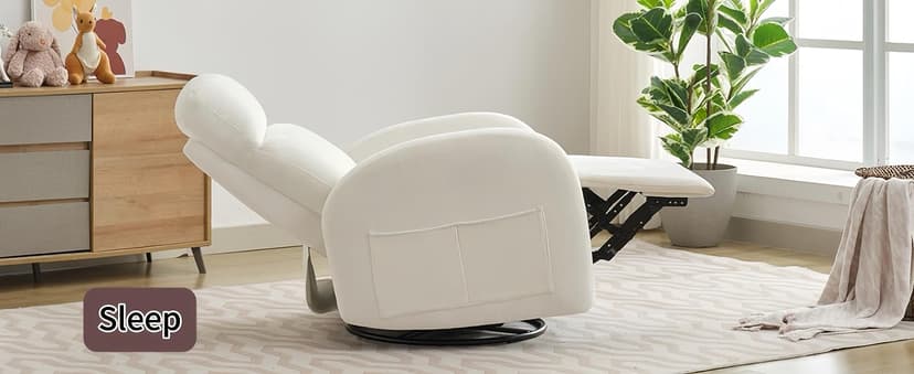 Rocking Recliner Nursery Chair, Swivel Recliner Glider for Nursery with 2 Pockets, Reclining Rocking Chair, Manual Recliners for Living Room, Bedroom, Cream White Chenille