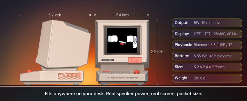 Bluetooth & USB Audio, Alarm/White Noise Clock, Desk Setup Gifts for Gaming Divoom MiniToo Retro PC-Style Computer Speaker, Pixel Screen with DIY Faces B0FRF3XGQ4