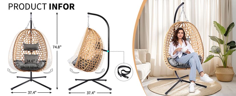 LEX CRAFT Egg Chair with Stand, Patio Wicker Hanging Chair, Hammock Swing Chair, 350LBS Capacity for Bedroom, Balcony, Garden (YE-GR)