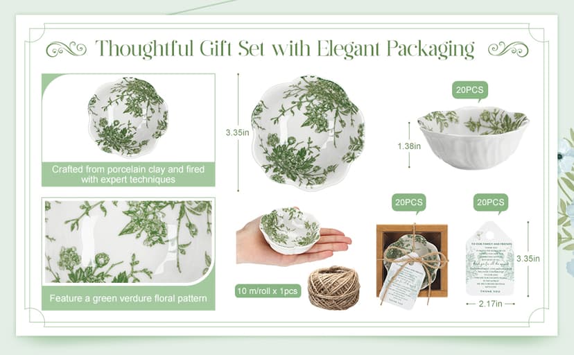 40 Pack Wedding Favors for Guests Small Ceramic Bowls Bulk Gifts Set 3.3 Inch Green Verdure Design Mini Dipping Bowl Sauce Dish with Cards Box for Party Shower Favor Souvenir