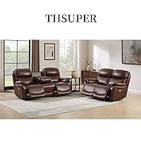 THSUPER Black Leather Power Recliner Sofa Loveseat Sets with Arm Storage and Power Headrest, Leather Living Room Reclining Sofa and Loveseat Set with Cup Holders and Bluetooth Speaker. | Breathable material, LED ambient light, Reading light, Hidden outlet, USB and Type-C port