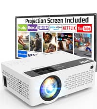 TMY Mini Projector, Upgraded Bluetooth Projector with Screen, 1080P Full HD Portable Projector, Movie Projector Compatible with TV Stick Smartphone/HDMI/USB, indoor & outdoor use