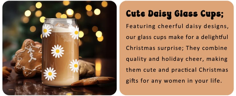 GSPY Daisy Aesthetic Gifts, Iced Coffee Cup, Cute Glass Cups with Lids and Straws - Cute Mugs, Flower Mug, Glass Tumbler - Retro, Christmas, Birthday Gifts for Women, Coffee Lovers, Friend, Girls, Mom