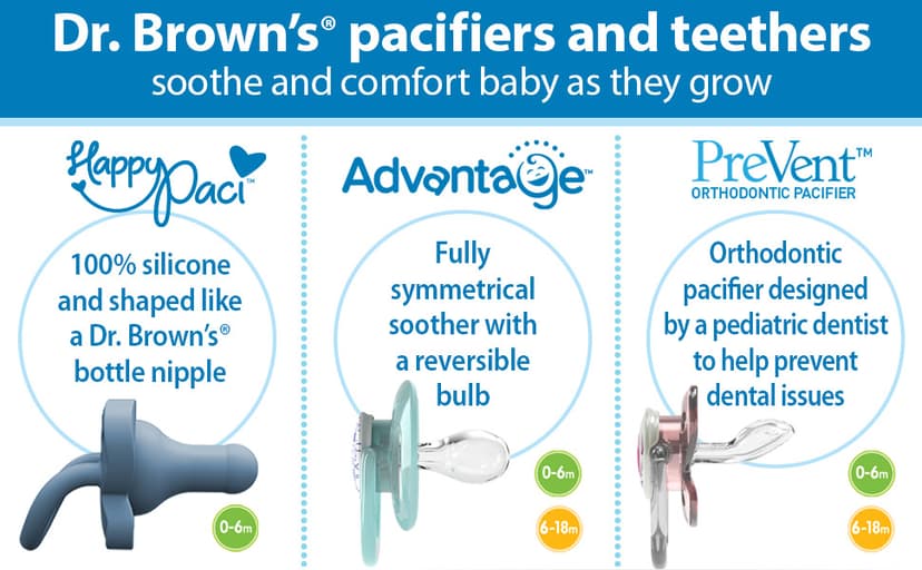 Dr. Brown's Advantage Baby Pacifier, Fully Symmetrical Soother with Soft Silicone Bulb, Blue Sunrise, 0-6m, BPA Free, 2 Pack