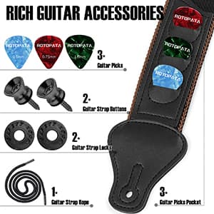 ROTOPATA Acoustic Guitar Strap with Pick Holders, Adjustable Leather Straps with 2 Buttons 2 Locks 3 Guitar Picks, Guitar Accessories for Electric Bass Ukulele, Black