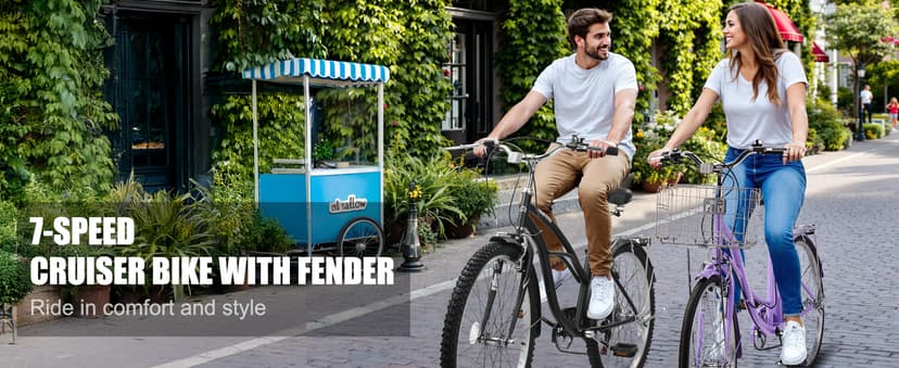 26" Cruiser Bike Commuter Bike 7 Speed Women's Bicycle Beach Cruiser with Ergonomic Upright Design, Adjustable Saddle, Dual Fenders & V Brake and High Carbon Steel Frame
